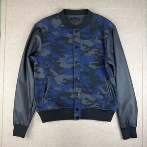 Guess Varsity Jacket Men’s Large Blue Camo‎ Faux Leather Sleeves Bomber